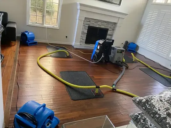 Air movers and a drying mat system on a hardwood living room floor in Carrollton