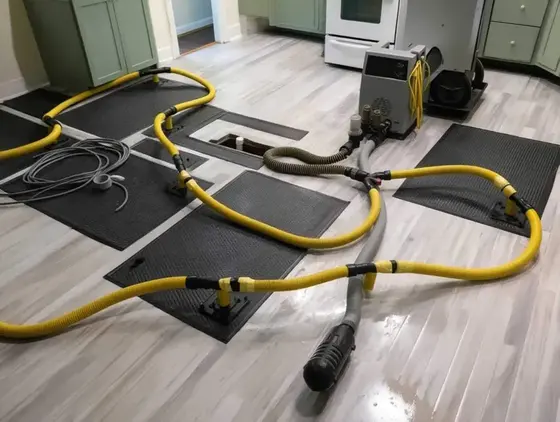 Floor drying mats and hoses pulling moisture from a wet kitchen floor in Carrollton