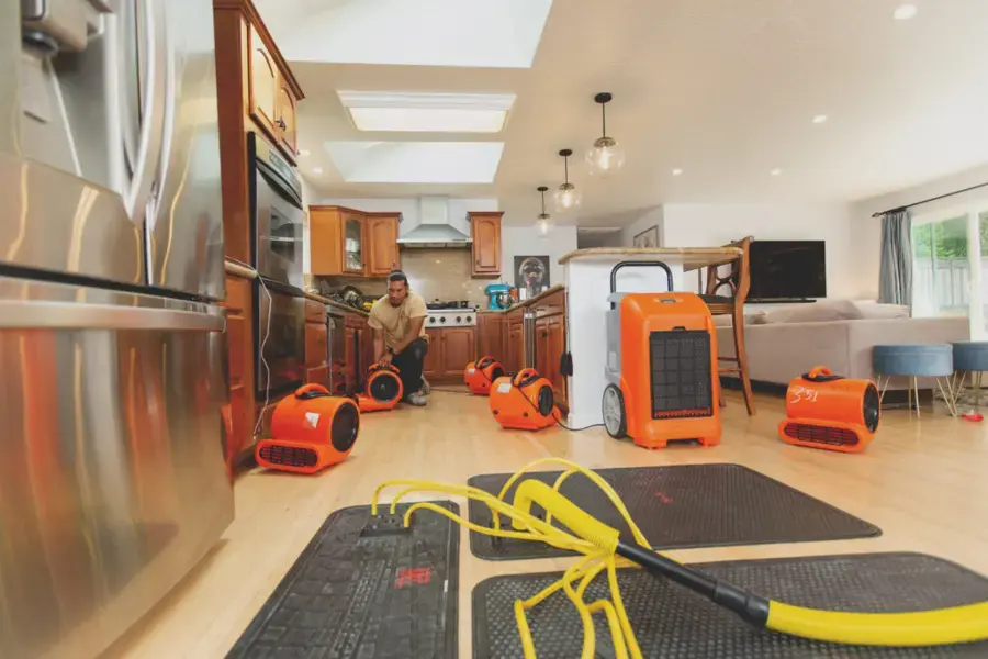 Orange air movers, drying mats and an LGR dehumidifier running in a Carrollton kitchen