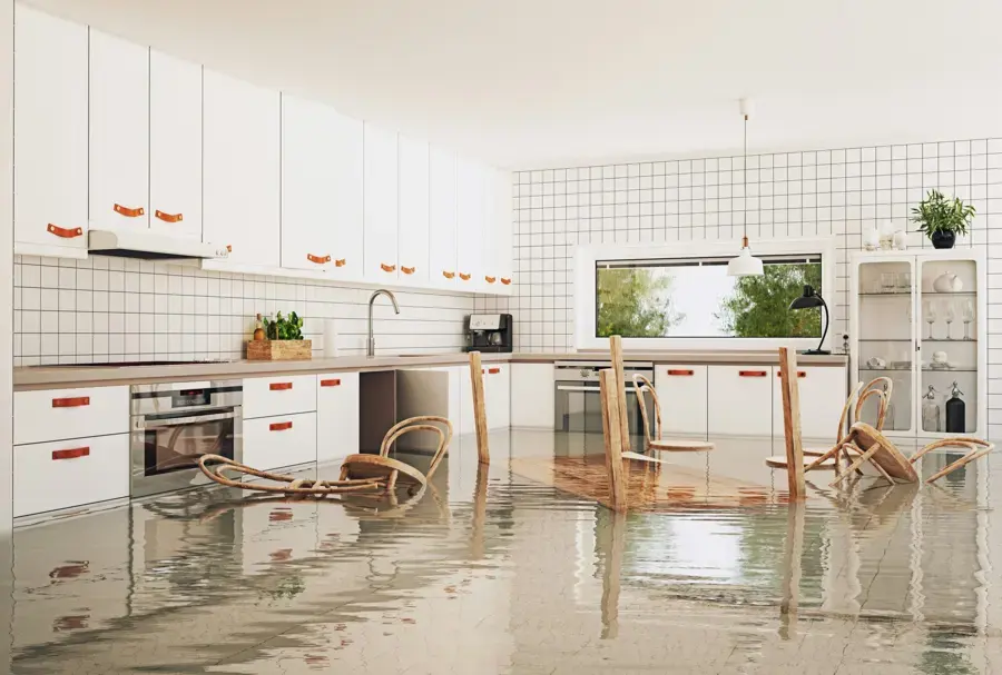 Storm water standing across a kitchen floor in a Carrollton home