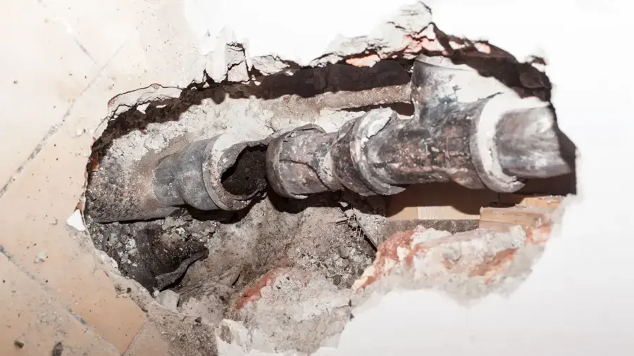 Wall opened to reach a cracked supply pipe after a North Texas hard freeze
