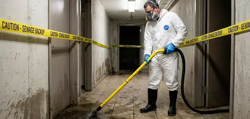Worker in a protective suit extracting a sewage backup behind caution tape