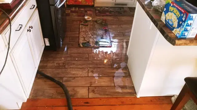 Extraction hose pulling standing water off a flooded kitchen floor in Carrollton
