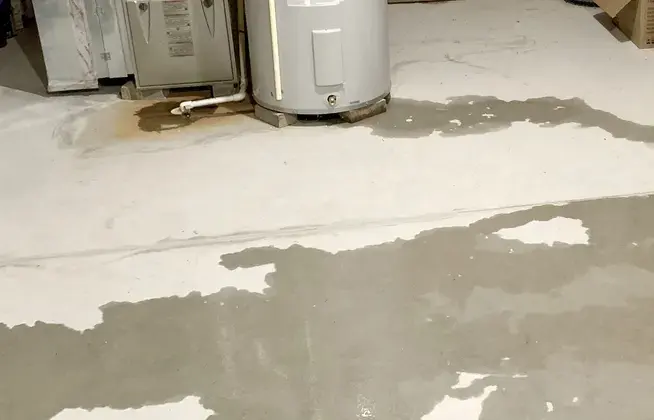 Water spreading across a garage floor from a failed tank water heater